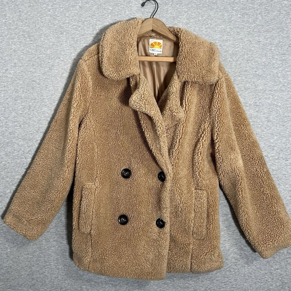 C&C California Sherpa Jacket Womens Medium Tan Teddy Fleece Cozy‎ Oversized